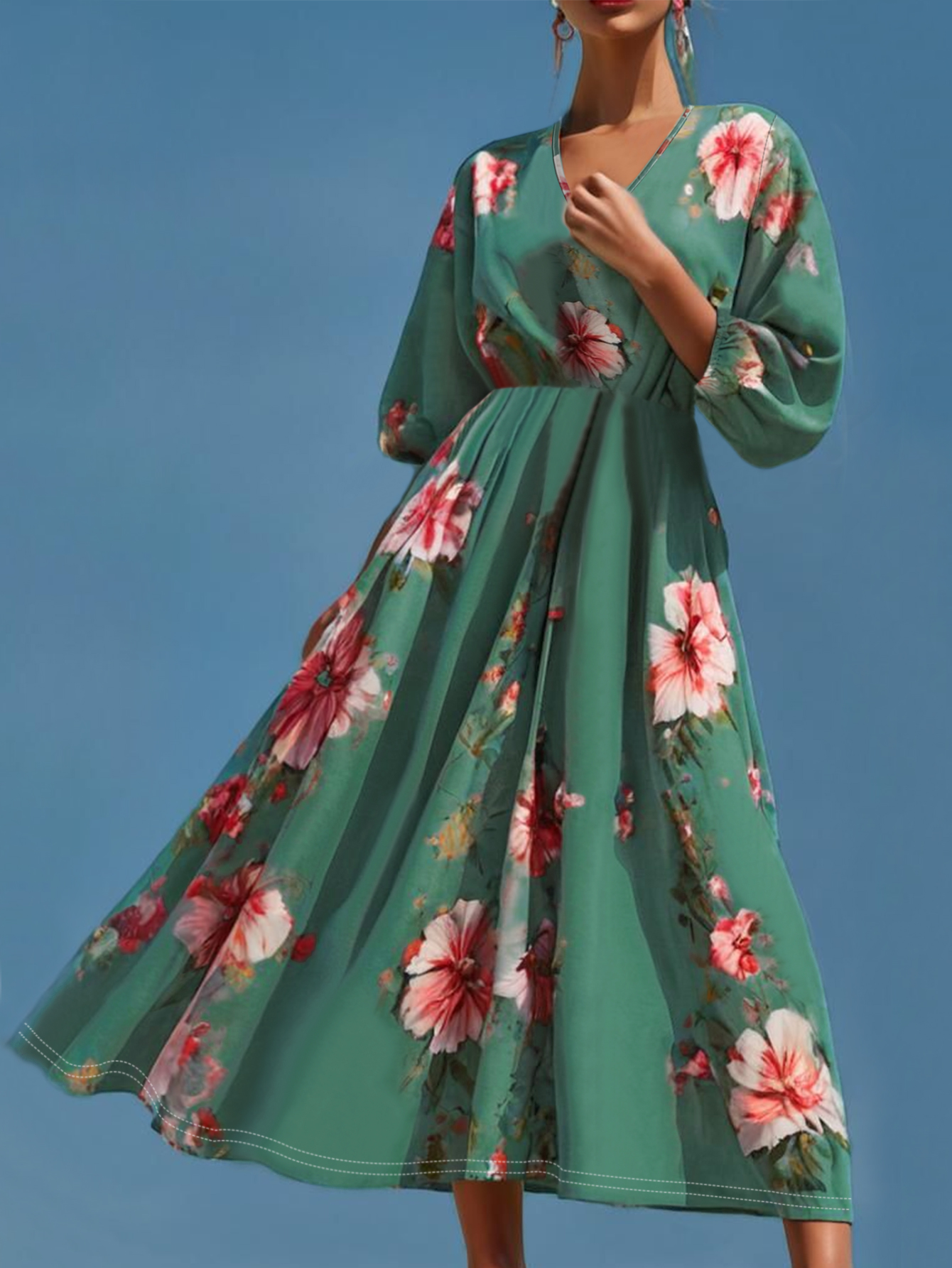 Women's New Fashion Vacation Floral Printed Midi Dress - Elegant V - Neck 3/4 Sleeve Green Dress-CF52915