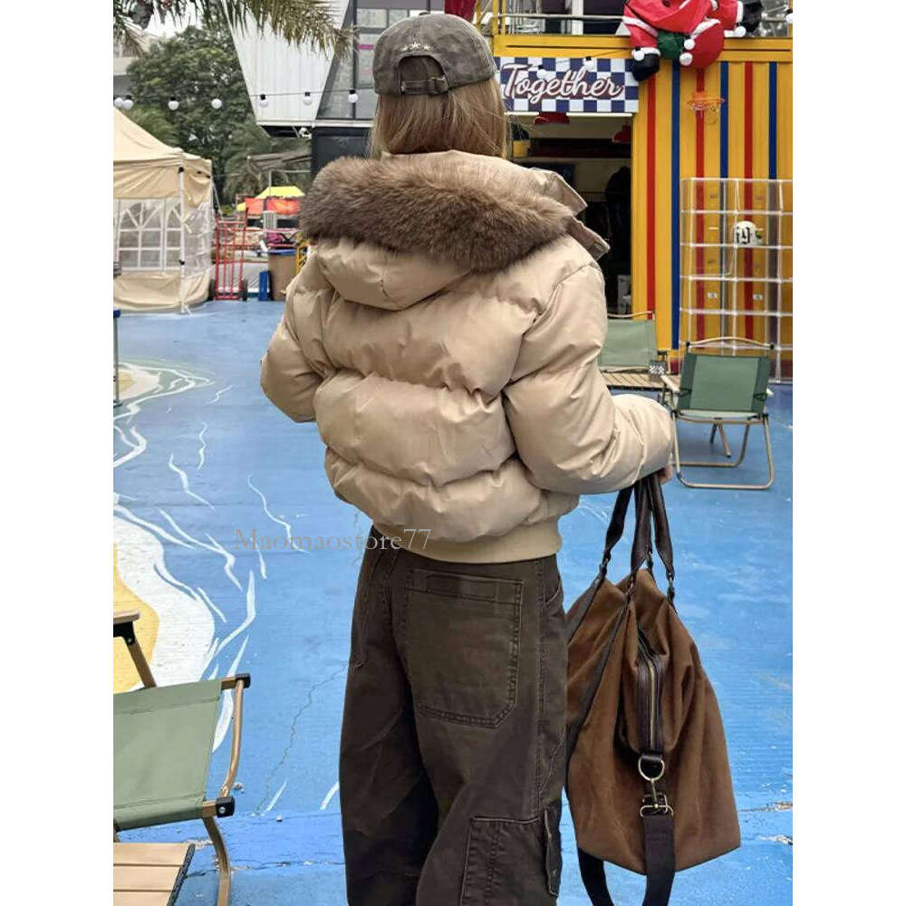 Autumn Winter Fur Hooded Jacket Women Outerwear Thick Dowon Cotton Padded Slim Short Parkas Female Cropped Puffer Bubble Coat