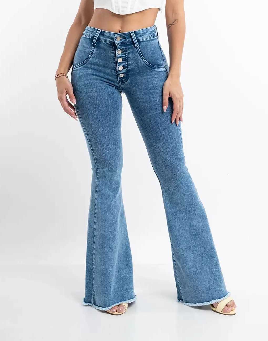 Autumn 2023 New High Waist Boot Cut Jeans For Women Fashion Skinny Stretch Button Raw Denim Flared Pants Slim Fit Trousers S2XLT251013