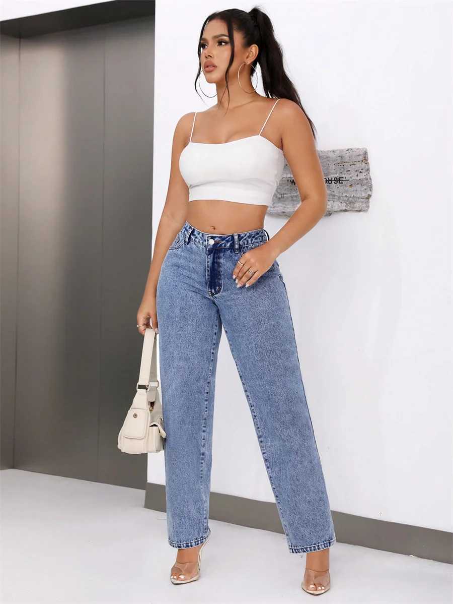 Benuynffy Vintage Blue Mid Waisted Jeans Womens American Casual Mom Pants Streetwear Fashion Denim Straight Long TrousersT251013