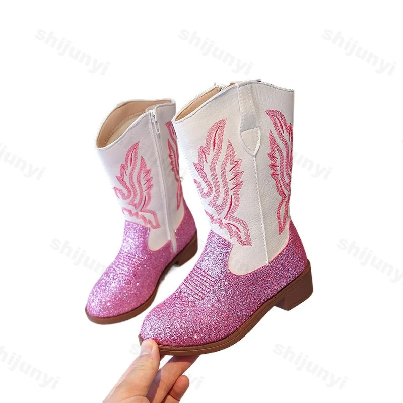 Girls Sequin Fashion Boots Autumn Comfortable Embroidered Cowboy Boot Mid Calf Zipper Anti Slip Outdoor Children Boot 2737 251017