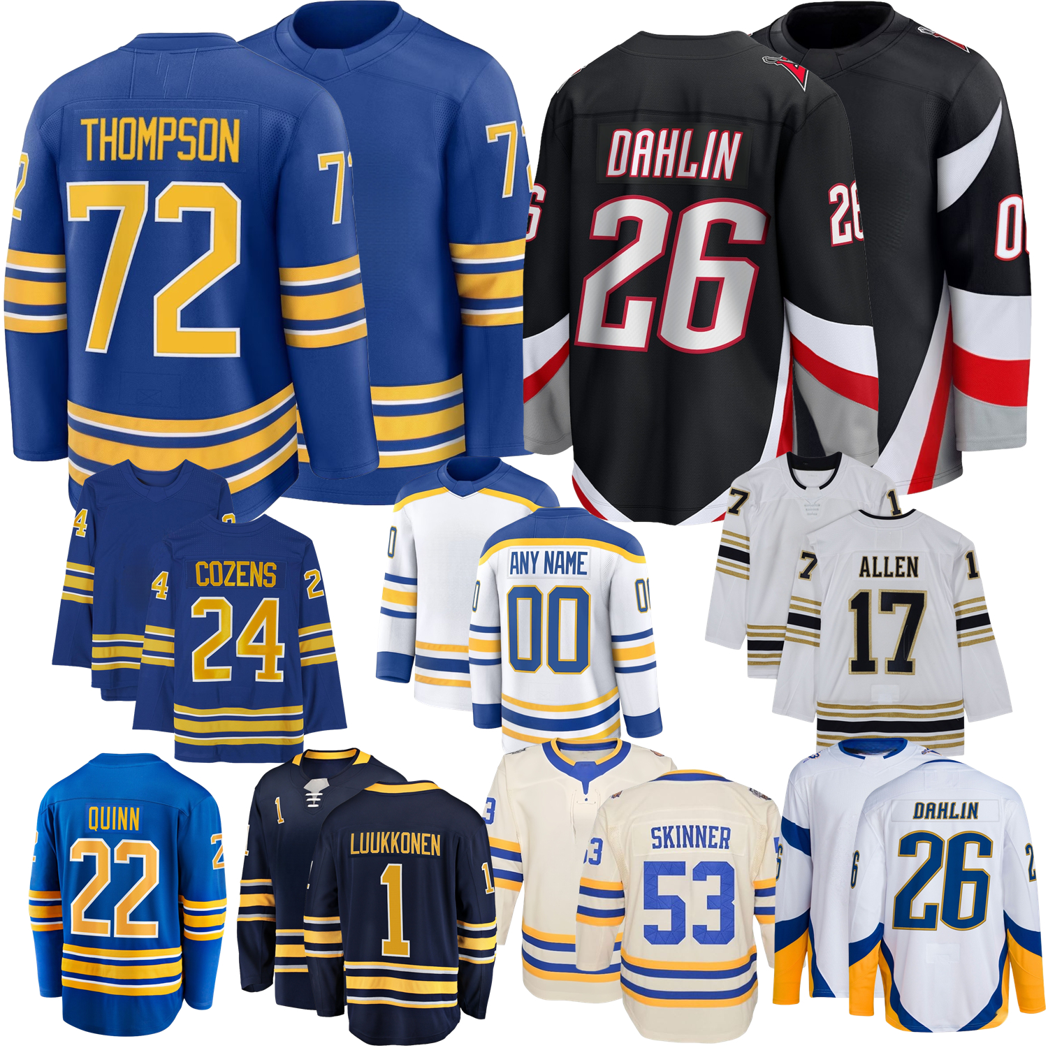 Tage Thompson Hockey Jersey Rasmus Dahlin Ukko-Pekka Luukkonen Jack Quinn Alex Tuch Zach Benson Krebs Kulich Kozak Bernard-Docker Byram Lafferty McLeod
