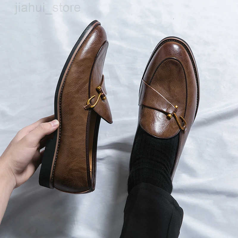 Black Loafers for Men Fashion Stone Pattern Mens Formal Monk Shoes Business Handmade Leather Mens Social Shoes Driving Shoes M251013