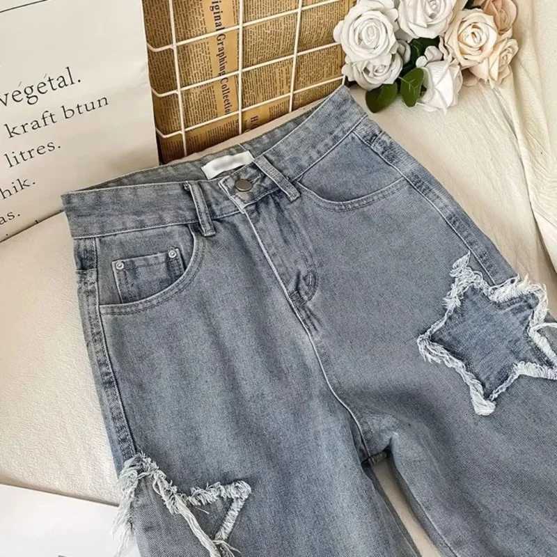 Womens Star Embroidered Denim Jeans High Waist Straight Leg Comfort Fit Korean Inspired Spring Autumn PantsT251013
