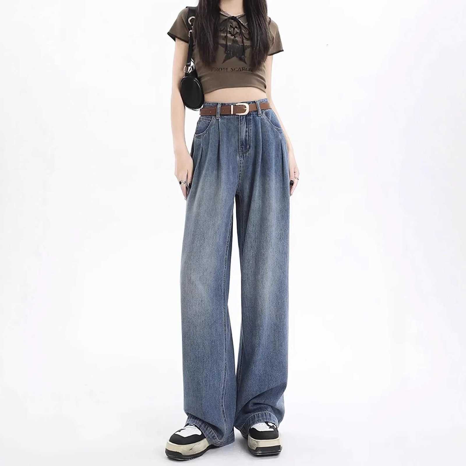 Retro High Waist Wide Leg Jeans Women Summer New plus Size Loose Slim Straight Long Pants Pear Shaped Body JeansT251013