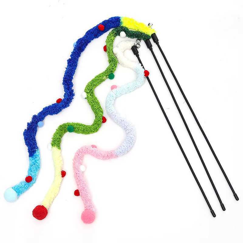 Cat Toys Rainbow Stripes Funny Cat Stick with Bell Interactive Play Pet Supplies Cat Toys Interactive Cat Toy Caterpillar String C251013
