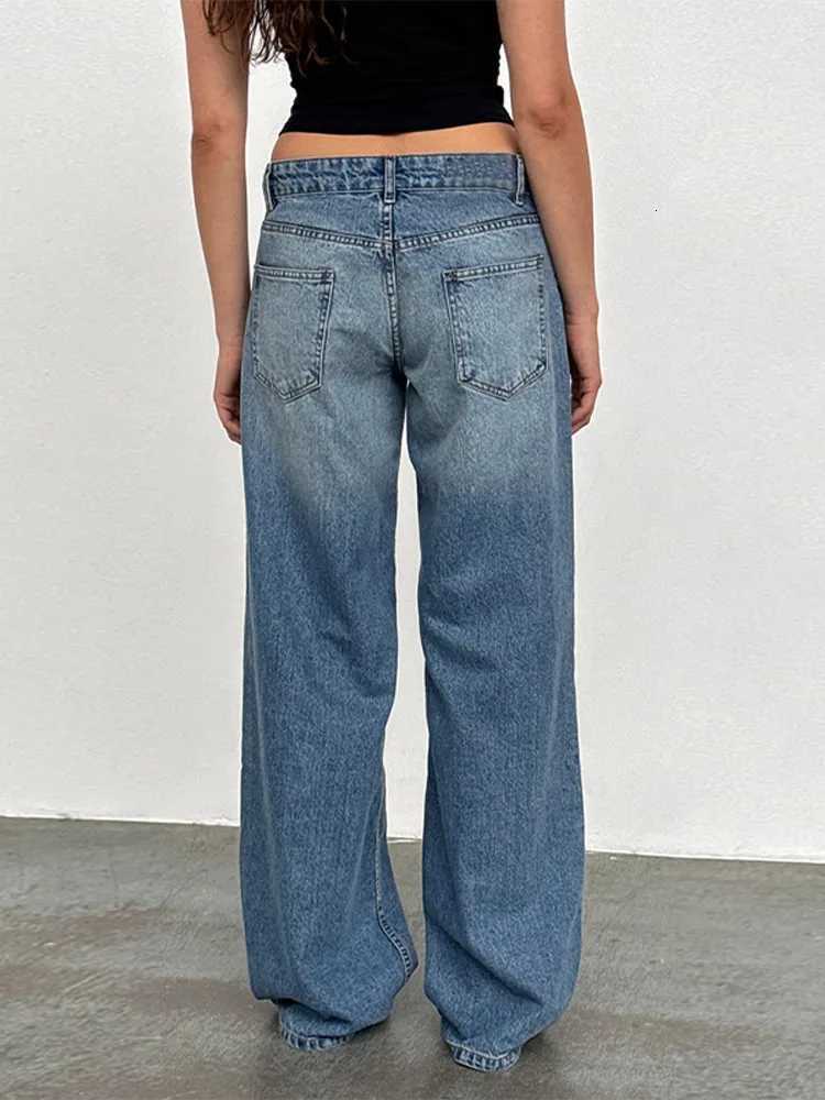 Low Rise Washed Straight Denim Pants for Women Wide Leg Vintage Dragging Jeans Distressed High Street Trousers Casual StreetwearT251013