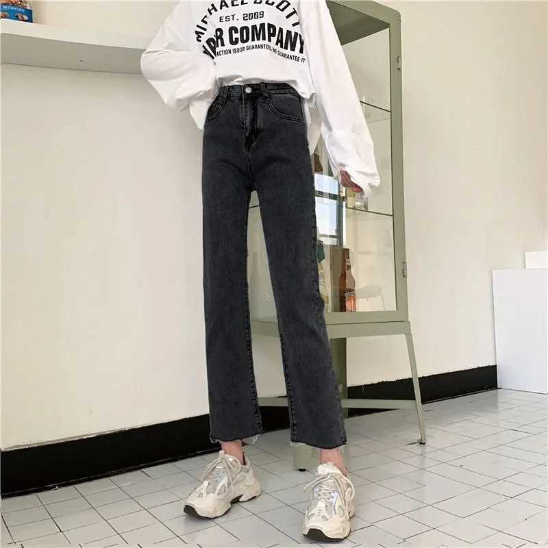 High Waist Elastic Denim Jeans Womens Loose Straight Slimming Student Versatile Small Size Nine Tube Pants TrendyT251013