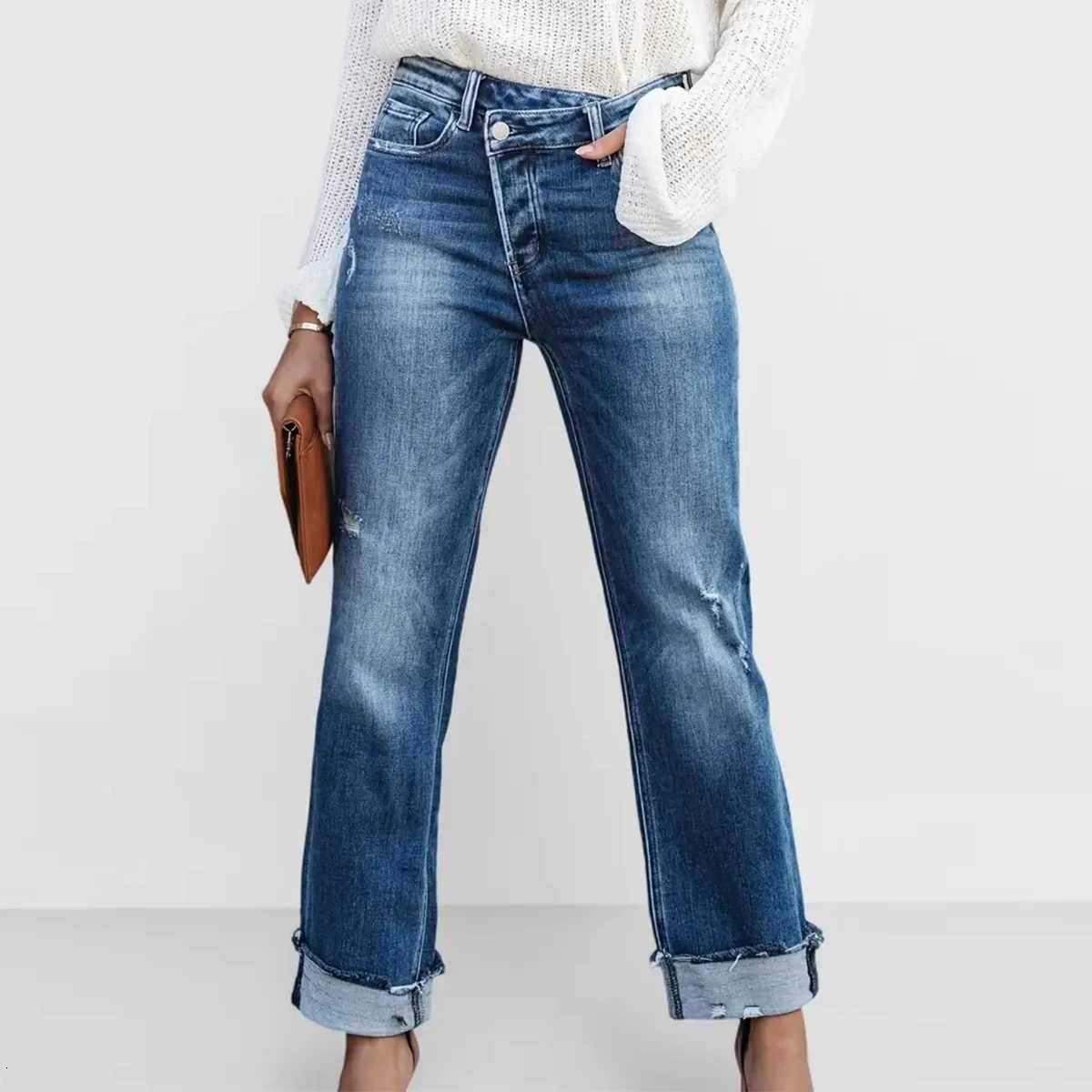 Womens casual jeans comfortable commuter elastic asymmetric waist hole Denim trousersT251013