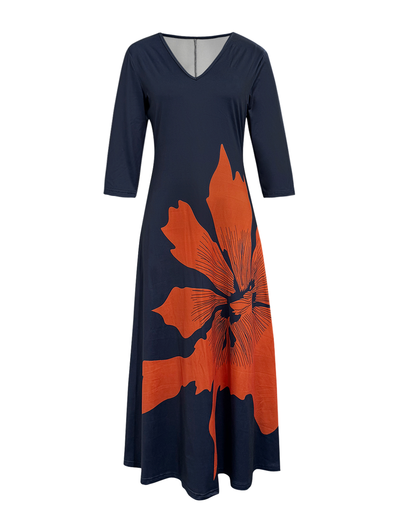 Women's Summer Autumn New Fashion Vacation Floral Printed Slimming Midi Dress - Mom - Style Elegant Navy Blue Dress-CF52916