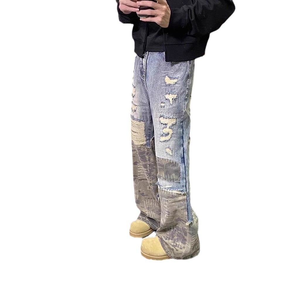American Style Fake TwoPiece Pants Design Sense HighEnd Camouflage Patchwork Jeans Mens Cleanfit StraightLeg Pants y250823