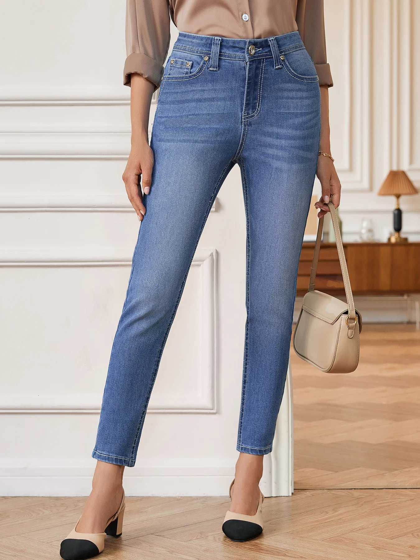 Trendy Womens High Waisted Jeans Straight Slim Fit Denim Pants Versatile Casual Style Vintage Wash Office Lady TrousersT251013