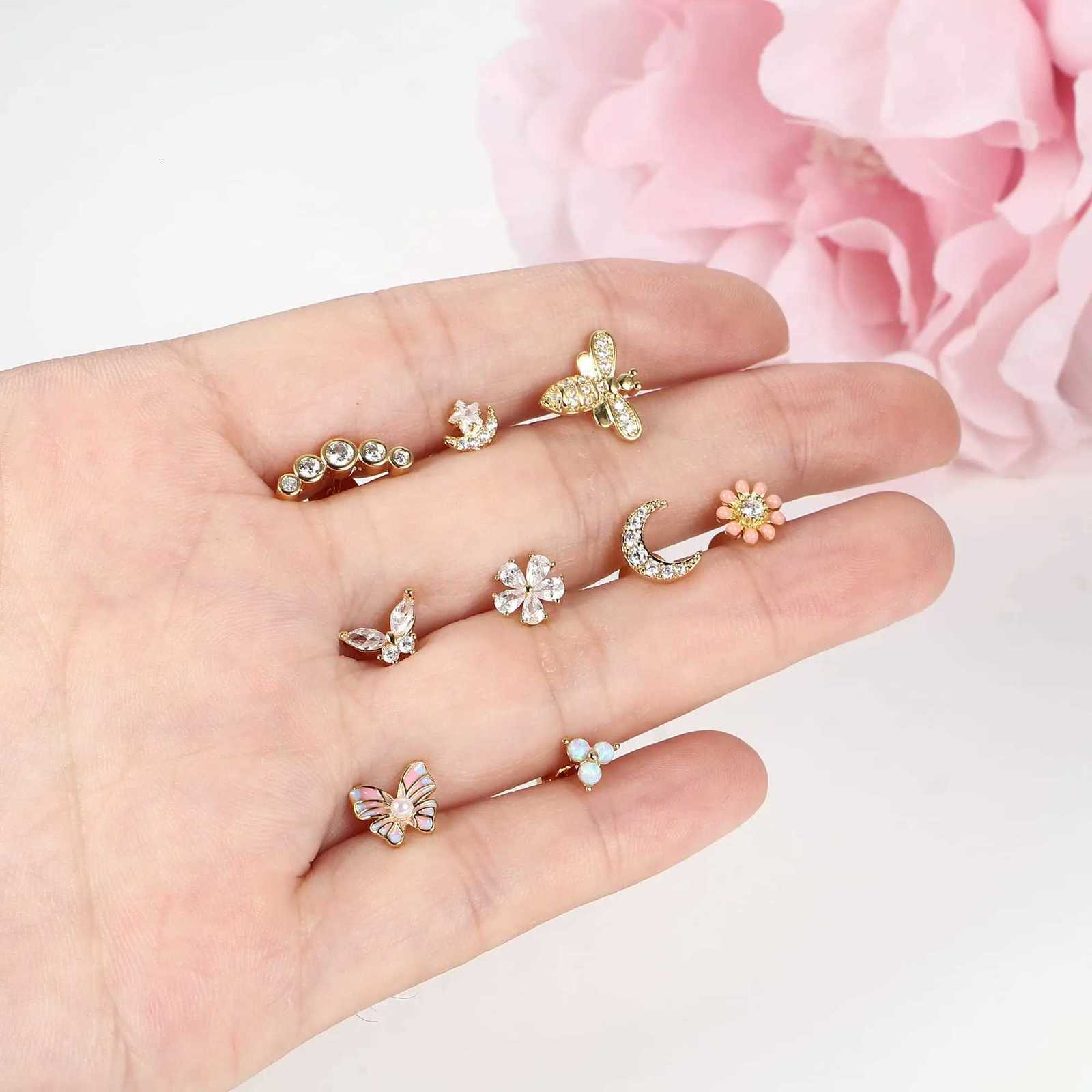 Drperfect 1pc Cartilage Earrings Stud for Women Surgical Steel Flat Back Earring Butterfly Flower Tragus Helix Piercing JewelryT260913 - view 6