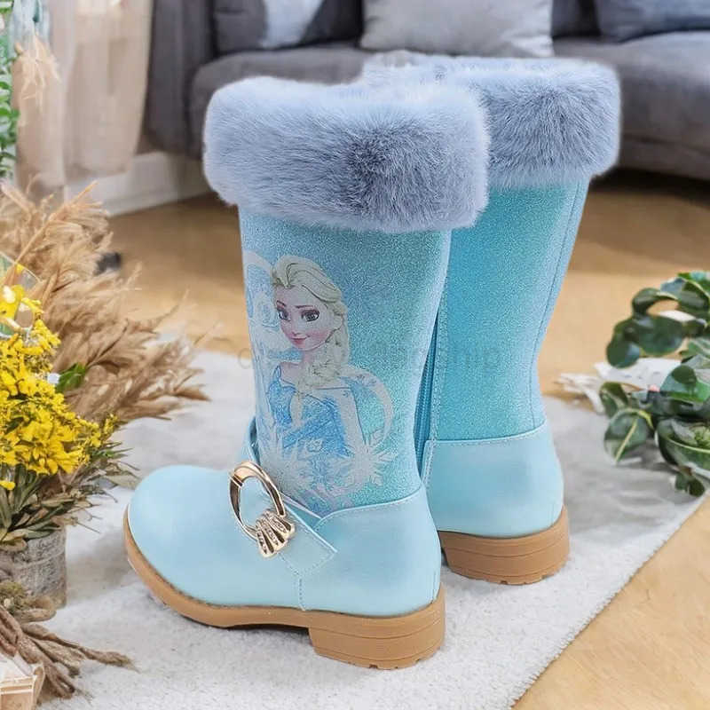 Disney Girls Leather Boots Winter Cartoon Frozen Boots Zipper High Plush Princess Elsa Boots Warm Childrens Boots Size 2536XJ251013