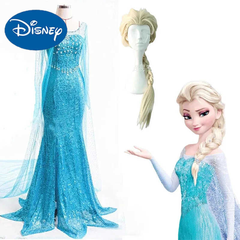 Disney Elsa Costume from Frozen for Women Blue Fancy Snow Dress Wig Outfit Halloween Party Costumes Clothing H251013