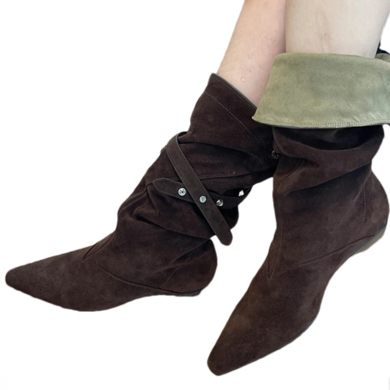 Pointed Toe Womens Boots Flats Suede Gothic Shoes Fad Winter Chelsea Boots Walking Dress Trend Mujer Botas 251011