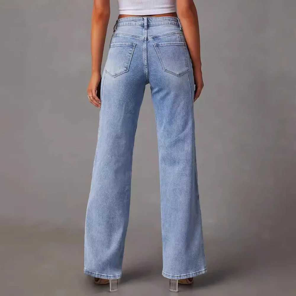 Summer Jeans KFashion Solid Color High Waist Full Length traight Woman Clothing Denim JeansT251013