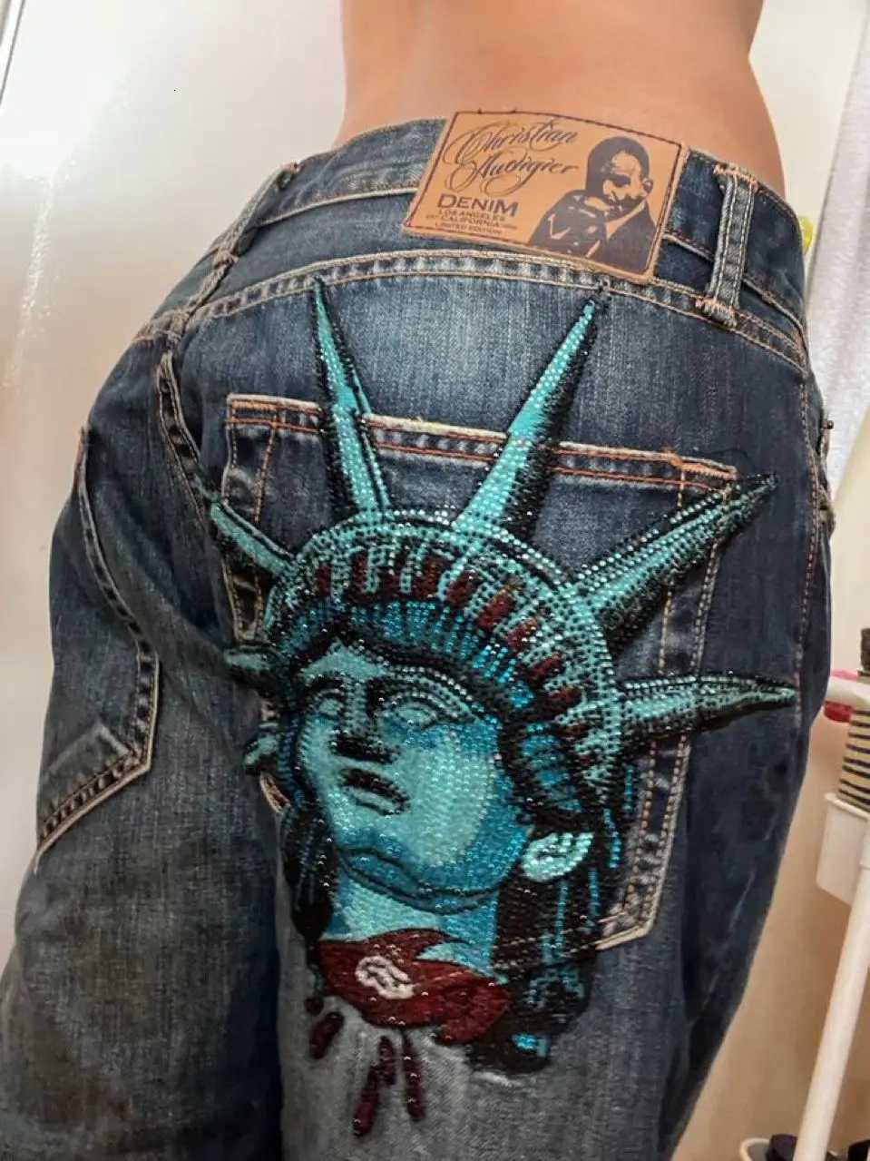 Y2k 2000s Statue of liberty Diamonds Jeans Casual Denim Pants High Waist Straight Wide Leg Jeans Harajuku Vintage Women Clothing C251013