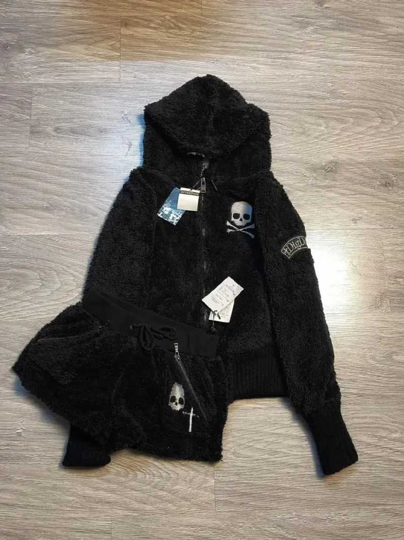 Hip hop warm oversized sweatshirt casual autumnwinter design skull pattern Harajuku street lamb wool women hoodie W251013