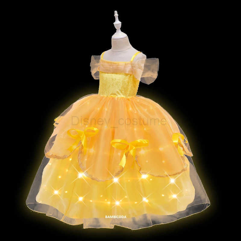 Disney Cosplay Belle Dress Girls LED Light up Dresses For Beauty and the beast Party Clothing Magic stick crown Costume 310Y H251013