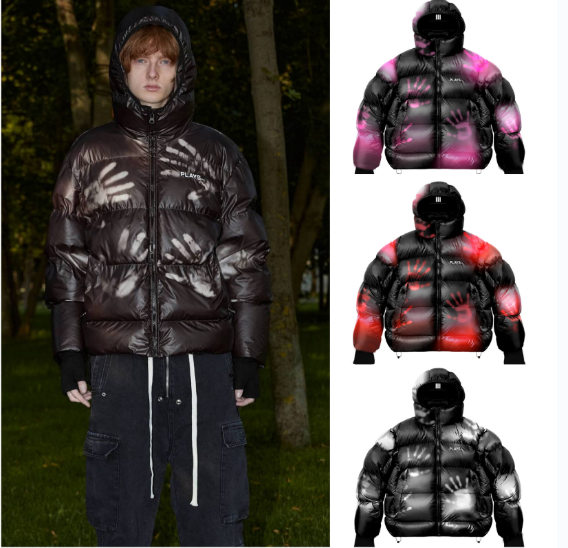 PLAYSCLO Men's Down Jacket handprint pattern Hooded Balaclava Cotton Jacket Street Style Windproof & Waterproof Russian Niche Design Warm Unisex 
