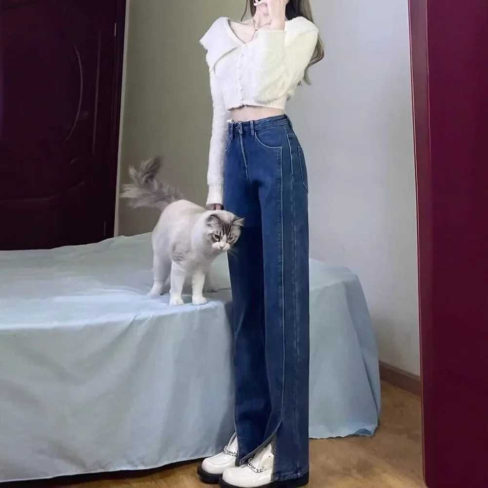 High Waist Straight Leg Jeans Slit Design Versatile Loose Slimming Floor Length Pants for Short Women Smoking Pipe PantsT251013
