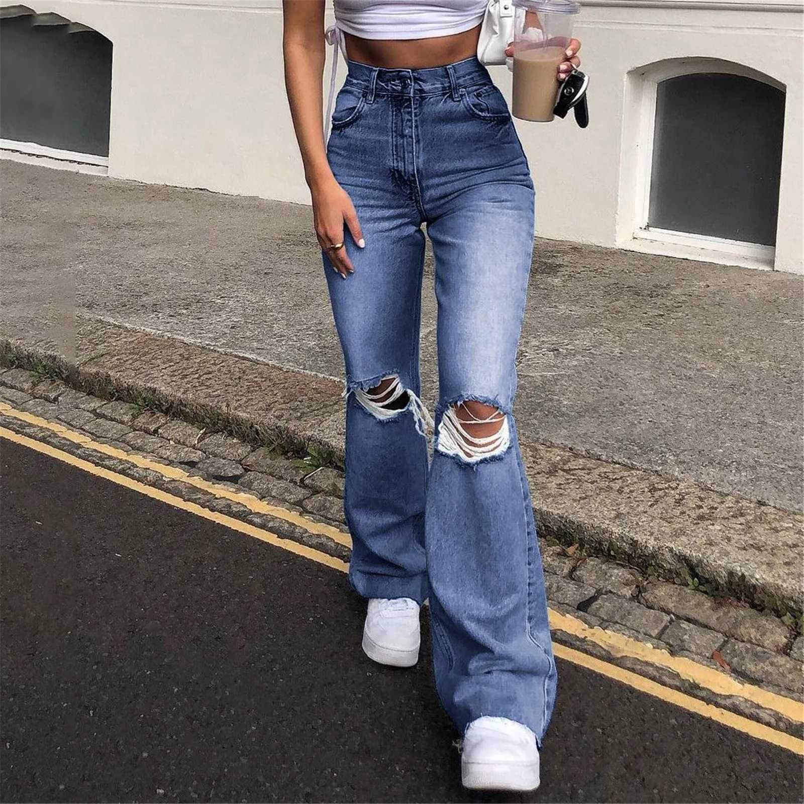 Jeans Womens Ripped Hole Distressed Bleached Ragged High Waist Denim Pants Button Down Baggy Casual Wide Leg Flare PantsT251013