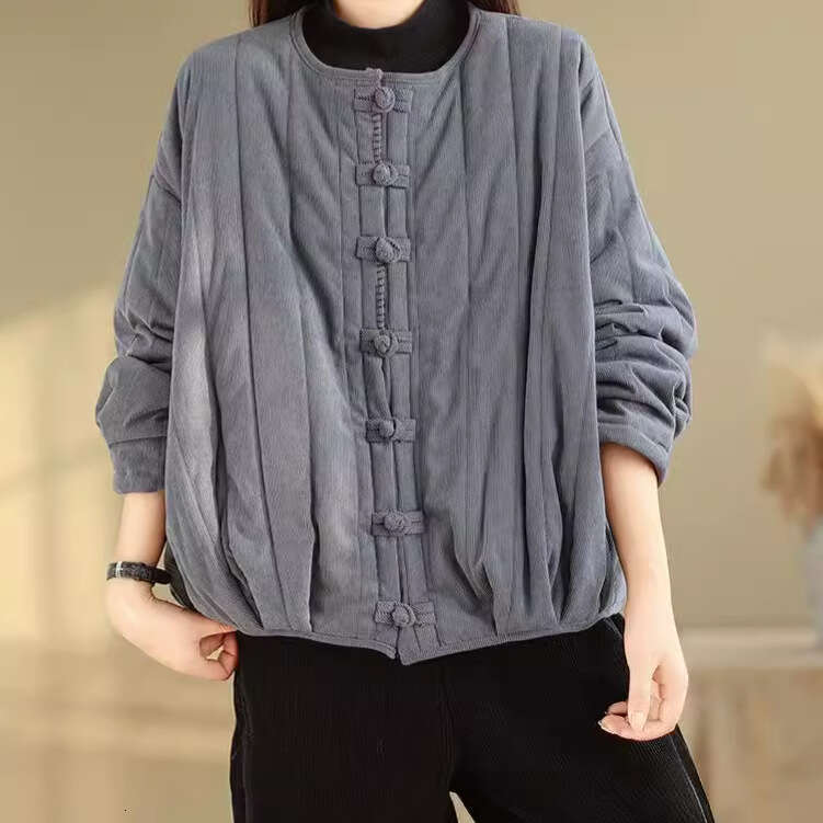 Plus Size Artistic Loose Corduroy Quilted Jacket For Autumn And Winter New Chinese Style Button Warm Cotton Coat B5