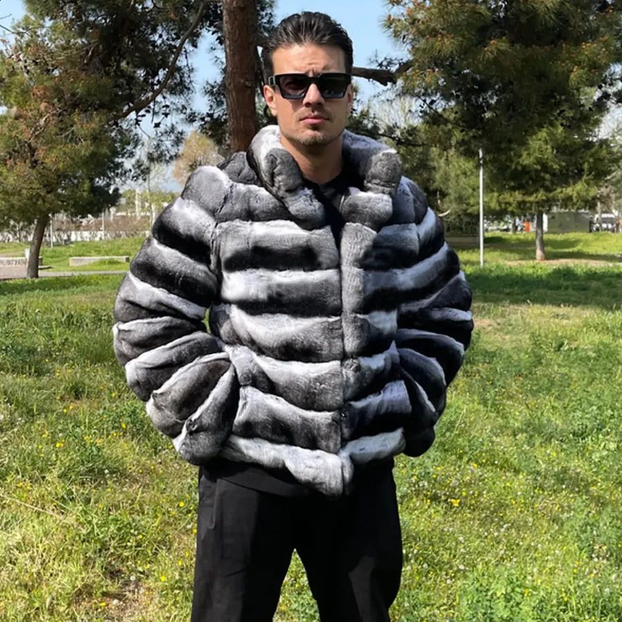 Designer men's jacket Fur Coat Natural Mens Real Rex Rabbit Jacket Chinchilla Colour Full Skin Genuine Coats