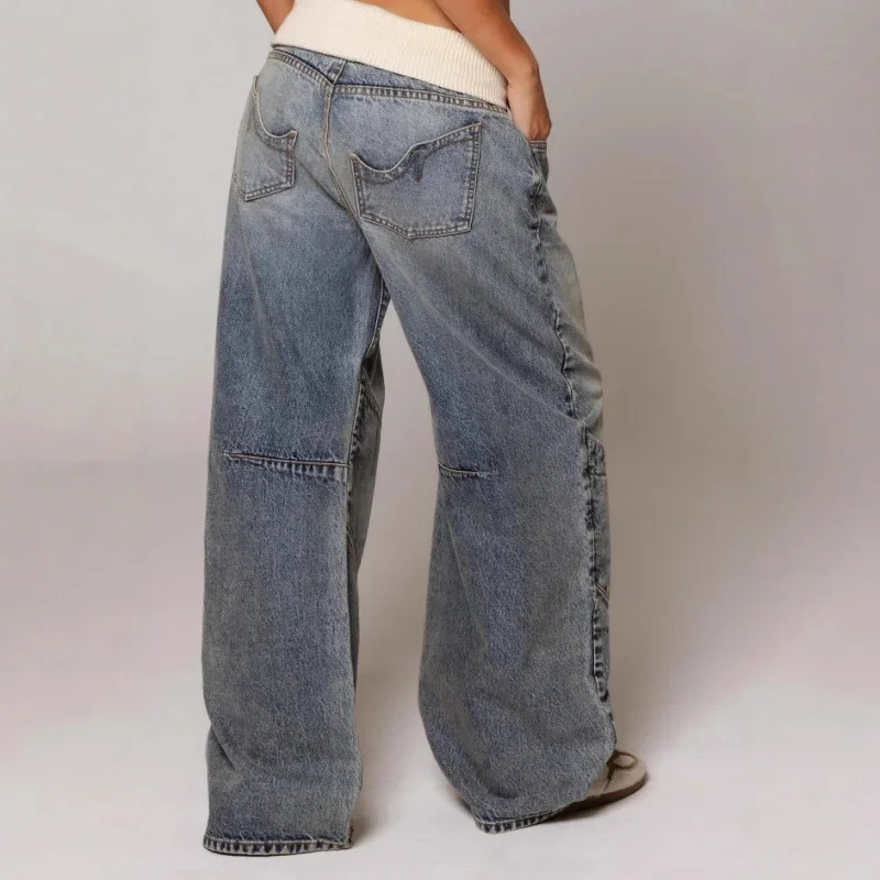 Hip Hop Splice Fashion Basics Retro Jeans for Womens Simple Dressing Up Daily Necessary Wide Leg Pants Baggy Cargo Pants 251013
