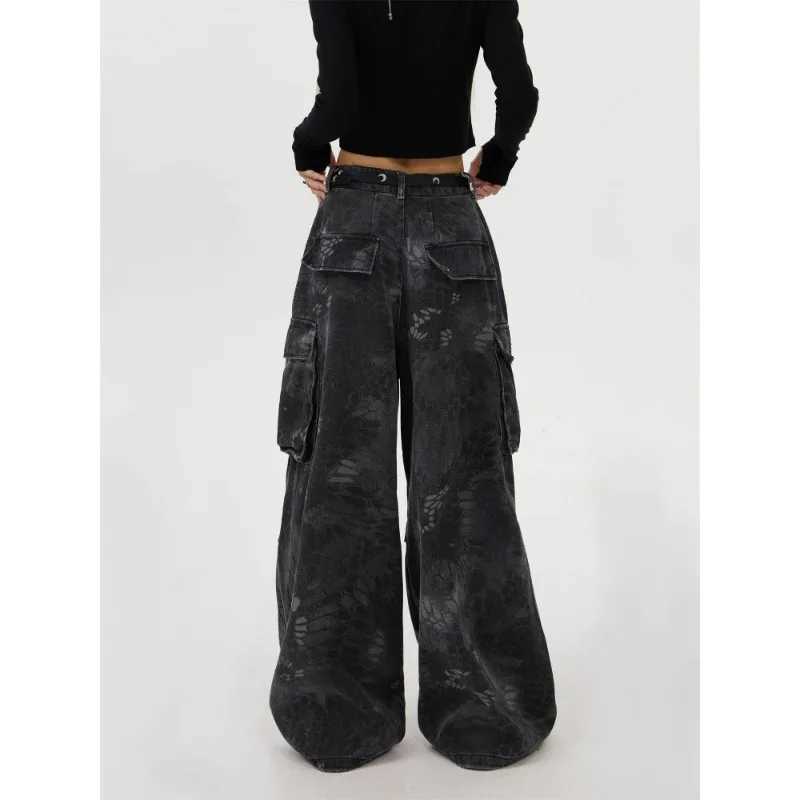Loose Fit Womens Jeans Plus Size Casual Wide Leg Denim Pants American Streetwear Camouflage Snake PatternT251013