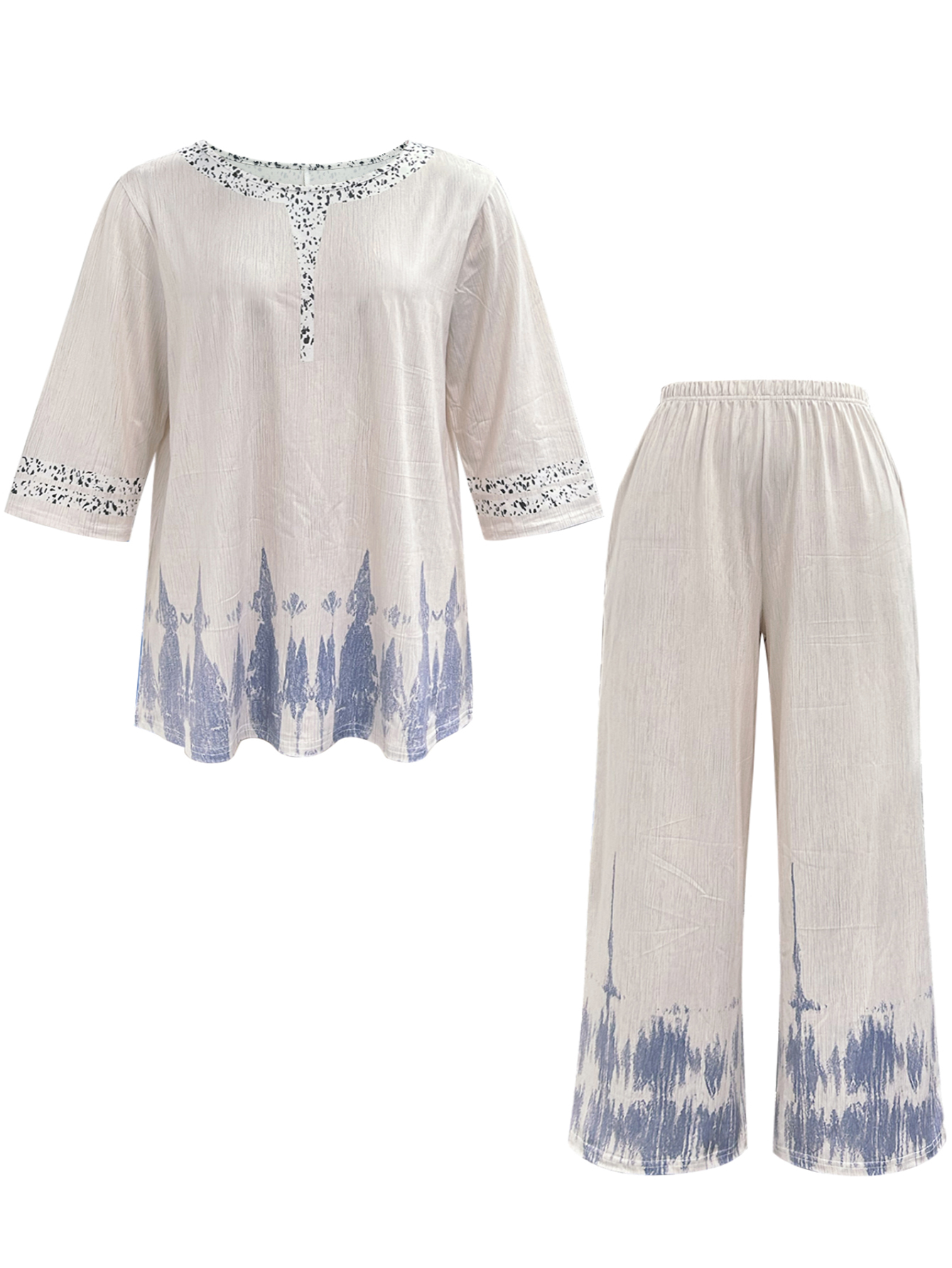 Women's Spring Summer New Vacation & Casual French - Style Plus - Size Loose Top & Wide - Leg Pants Set-YL25302