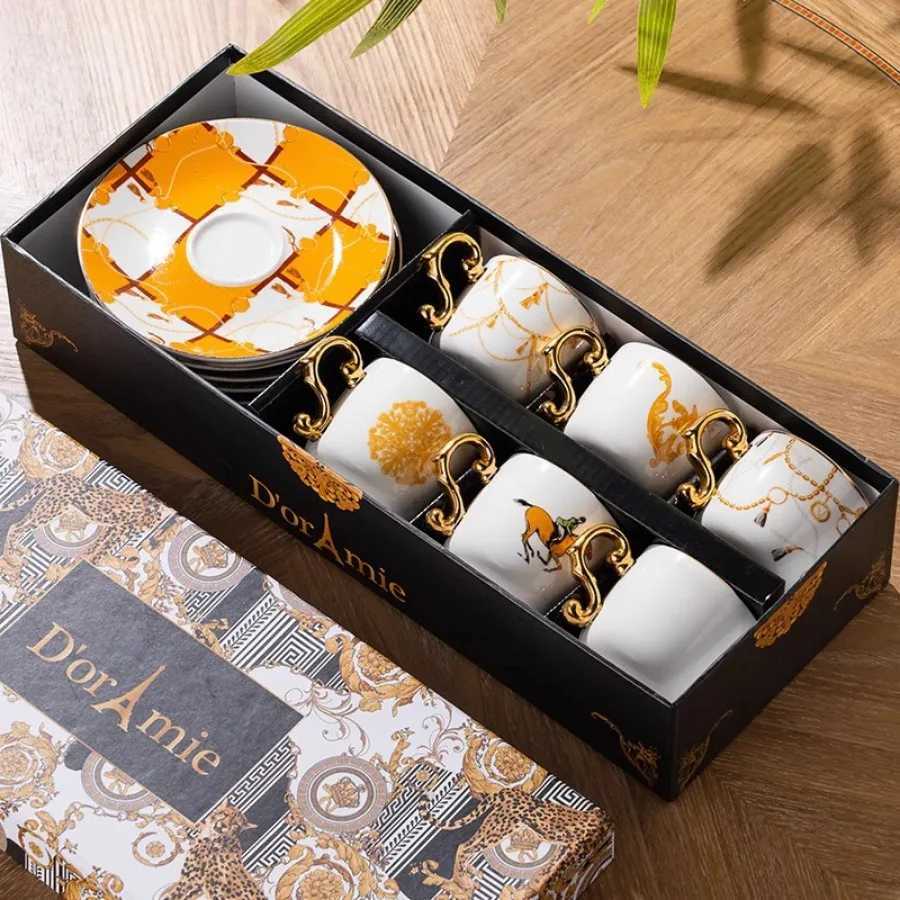 Vintage Luxury Bone Coffee Cup and Saucer Set of 6 with Gift Box European Porcelain Cups Ceramics Wedding Gifts He Decor H251013