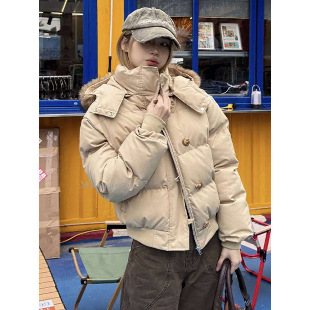 Autumn Winter Fur Hooded Jacket Women Outerwear Thick Dowon Cotton Padded Slim Short Parkas Female Cropped Puffer Bubble Coat