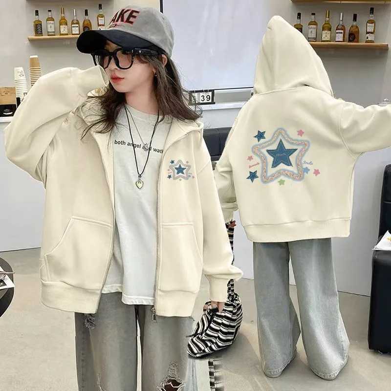 Girls 2025 New SpringAutumn FleeceLined Hoodie Stylish Versatile Korean Style JuniorSenior Kids Top C251013