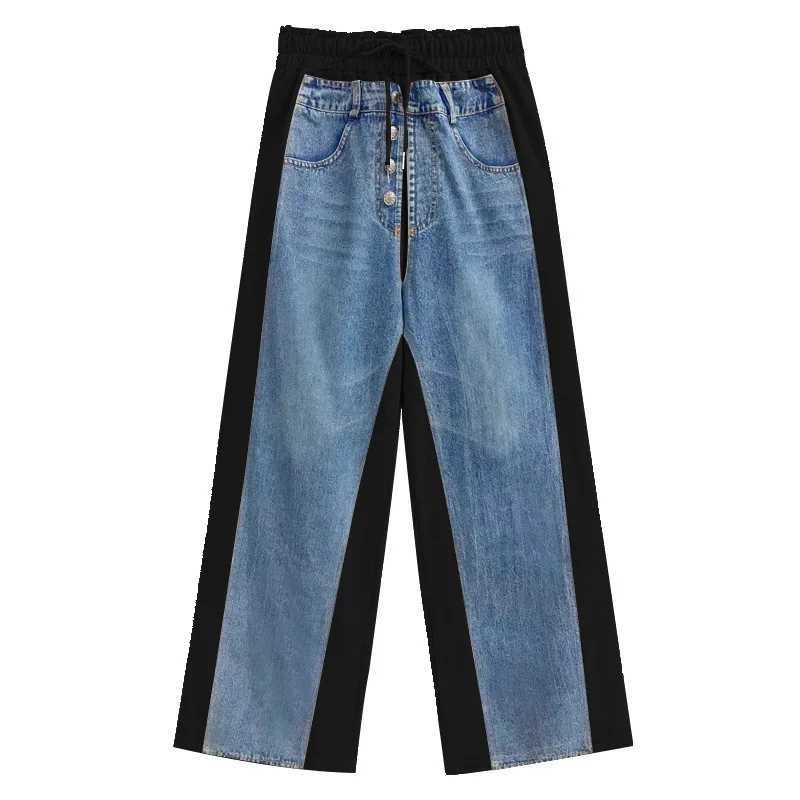 Wide Leg Pants Jeans Women Floor Length Washed Pockets Patchwork Elastic Waist Lace Up Denims Straight Trousers 2025 StreetwearT251013