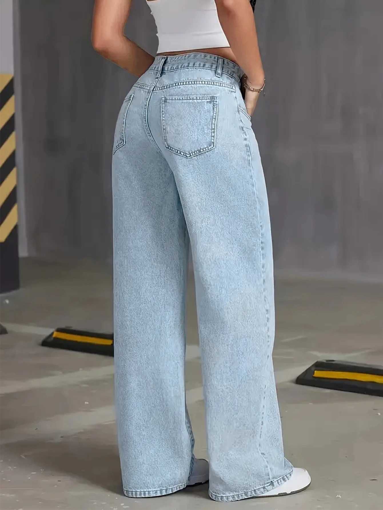Autumn Y2K style womens washed blue jeans high waist straight loose jeans suitable for casual outings and datesT251013