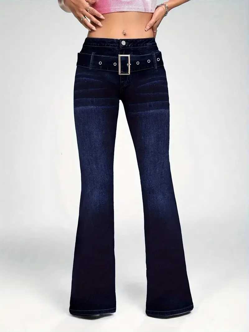 Womens fashionable casual wash dark blue decorative strap buckle stretch slim fit slim flared jeansT251013