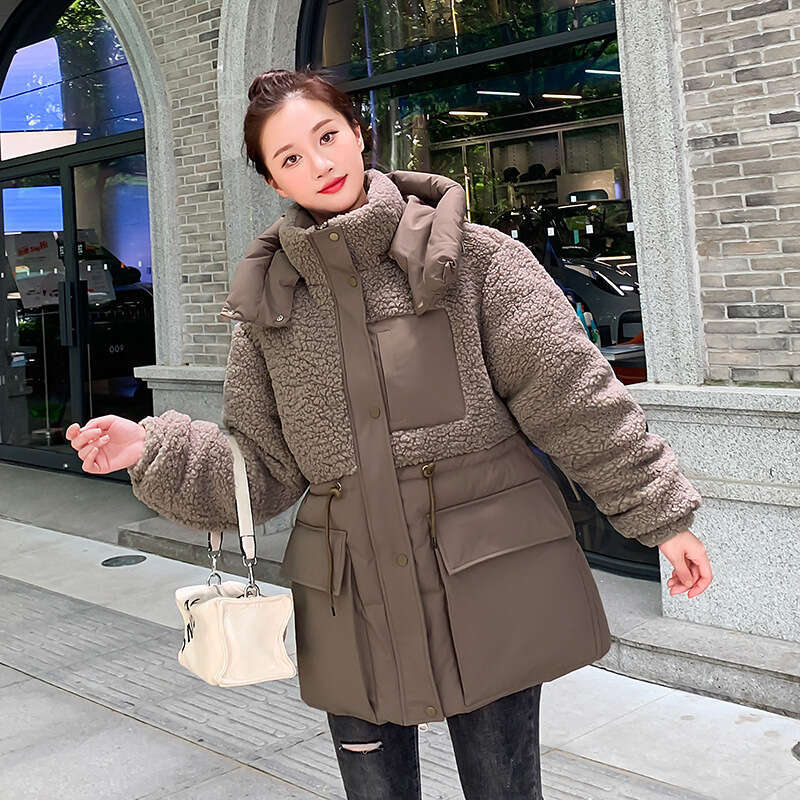 New Korean Fashion Autumn Winter Jacket Patchwork Lamb Wool Thick Loose Cotton Coat For Women B5