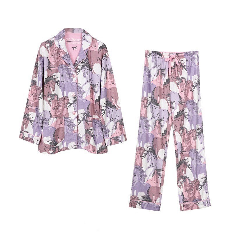 New Pajamas Suit, Pure Cotton 2 Piece Set, Women Print Cartoon Nightwear Long Sleeve Trousers Set, Autumn Loungewear Home Clothes
