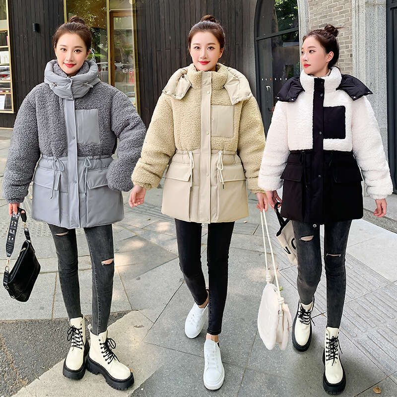 New Korean Fashion Autumn Winter Jacket Patchwork Lamb Wool Thick Loose Cotton Coat For Women B5