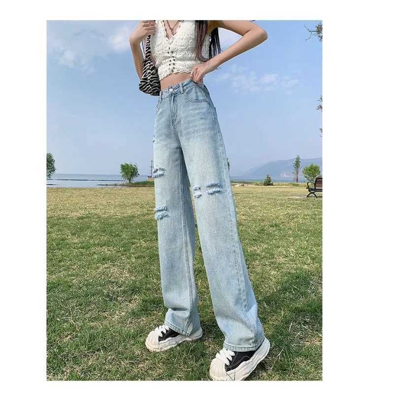 Loose Straight Leg High Waist Casual Distressed Denim Pants Women 2025 New Oversized Wide Leg Drag Floor Length TrousersT251013
