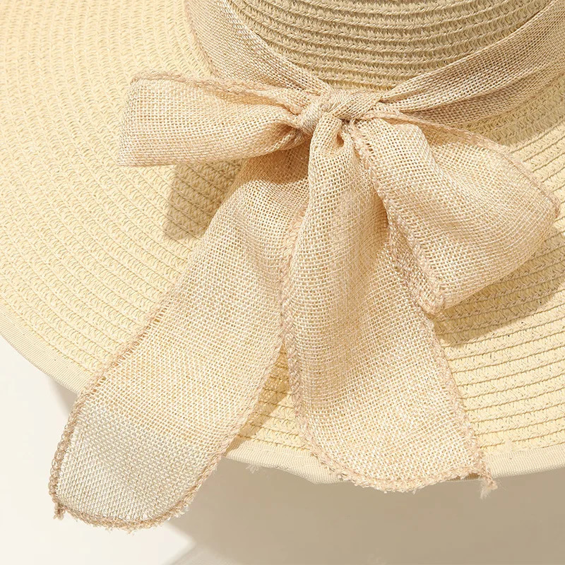 15CM Wide Brim Beach Straw Hats For Women Simple Foldable Summer Outing Sun Hat Fashion Flat Brom Bowknot Uv Protection Panama 251013