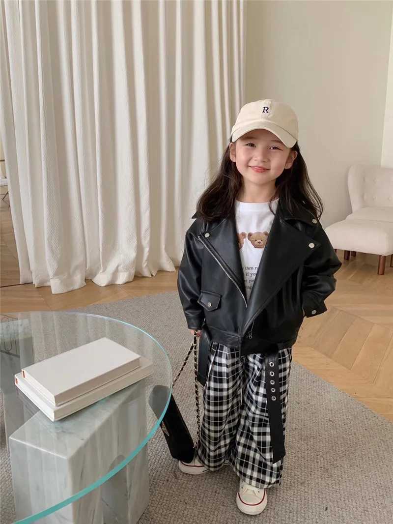 Korean Version Children Jackets 2025 Autumn Winter Fashion VNeck Outerwear Boys Girls Short Style Motorcycle Leather Jacket C251013