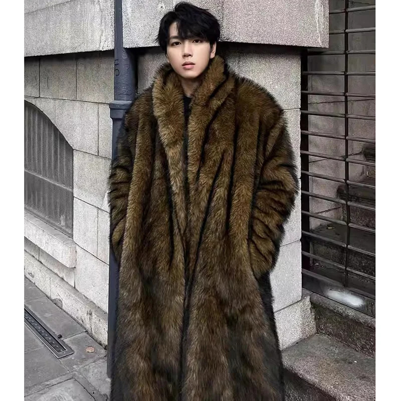 Mens fur coat Wolf fur fox fur lapel long overcoat winter windproof and warm windbreaker large size 251011