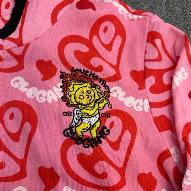 Glo Gang Zip Hoodie Unisex Rhinone Embellished Cartoon Print Pink Streetwear Cozy Hooded Sweatshirt W251013