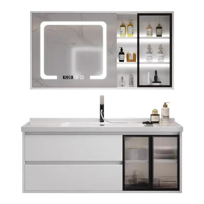 Modern minimalist bathroom cabinet with intelligent toilet ceramic integrated basin washbasin vanity set for face washing and hand washing.