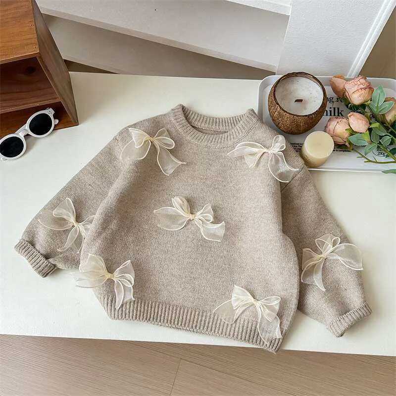 Korean Girls Solid Color Sweaters Cute Bow Children Clothing Autumn Winter Baby Kids Sweet Princess Knitted Sweater 110Y C251013
