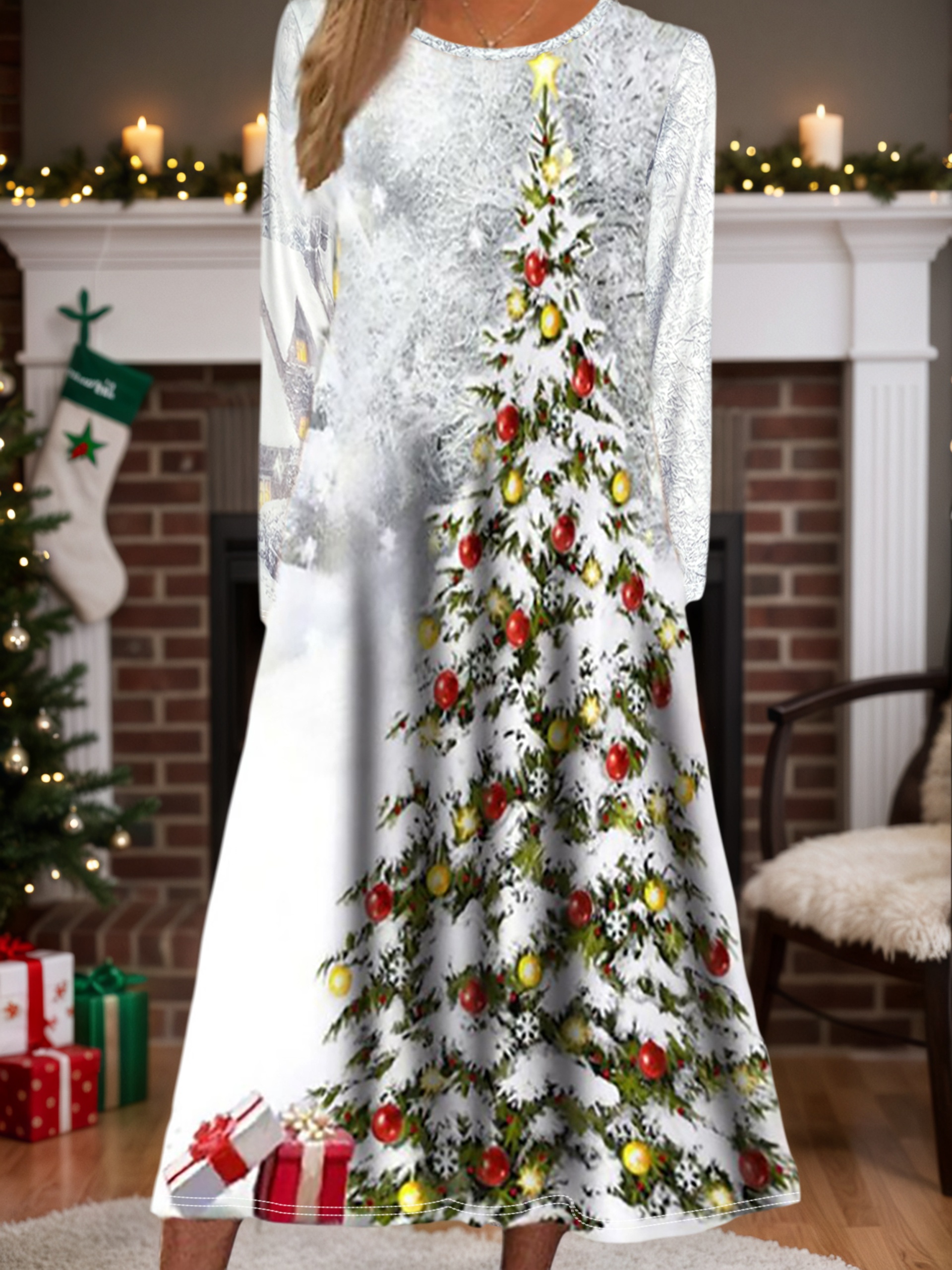 Women's Autumn Winter New Christmas Tree Printed Round Neck Long - Sleeve Dress - Fashionable Vacation Dress-CF51203