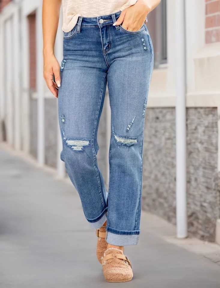 New Womens Fashion Stretch Ripped Slim Fit Jeans with Pockets Trendy Elastic Straight Leg Denim PantsT251013